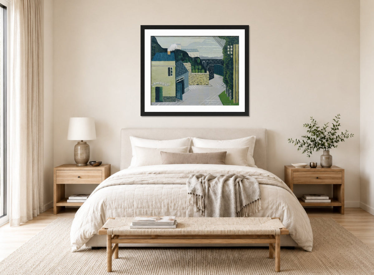Louis Marcoussis Print, City with viaduct (1930) displayed above a bed
