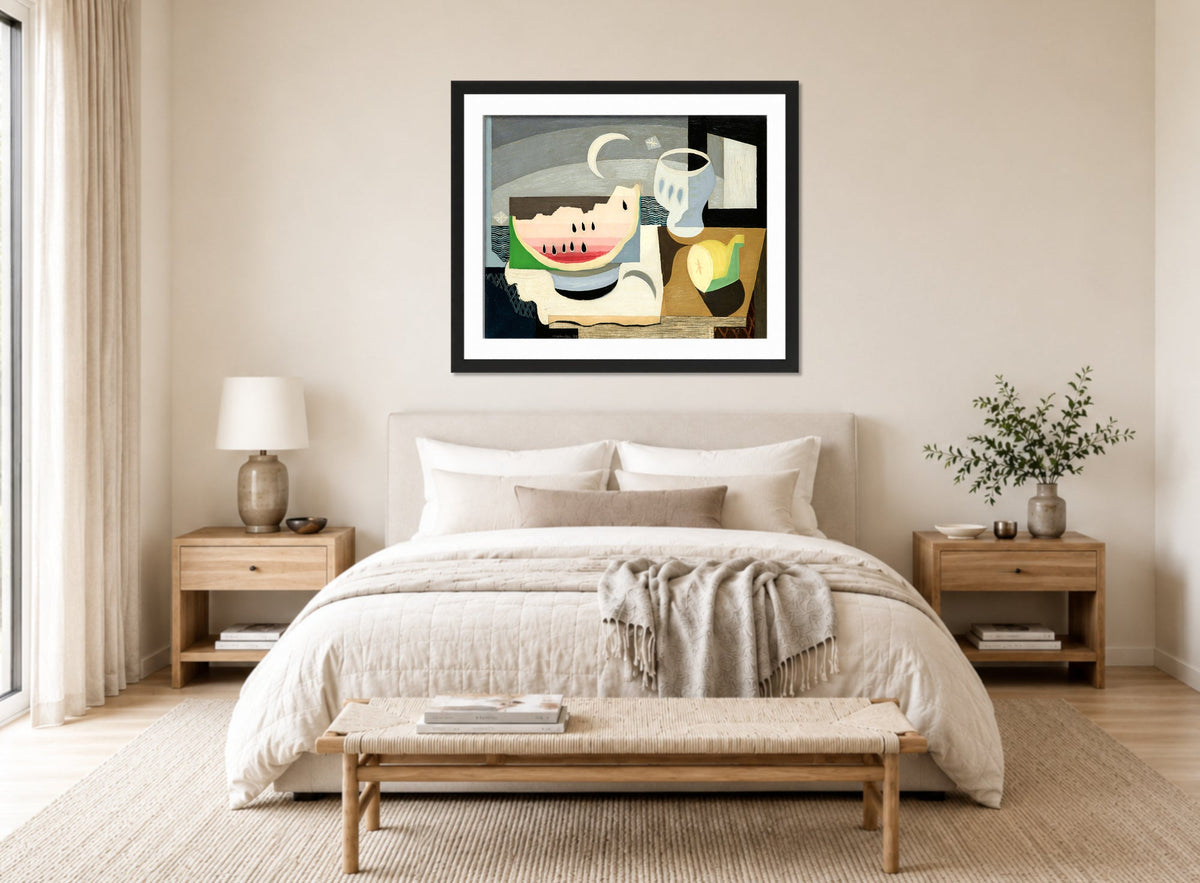 Louis Marcoussis Print, La Tranche De Pastèque (1927) displayed above a bed