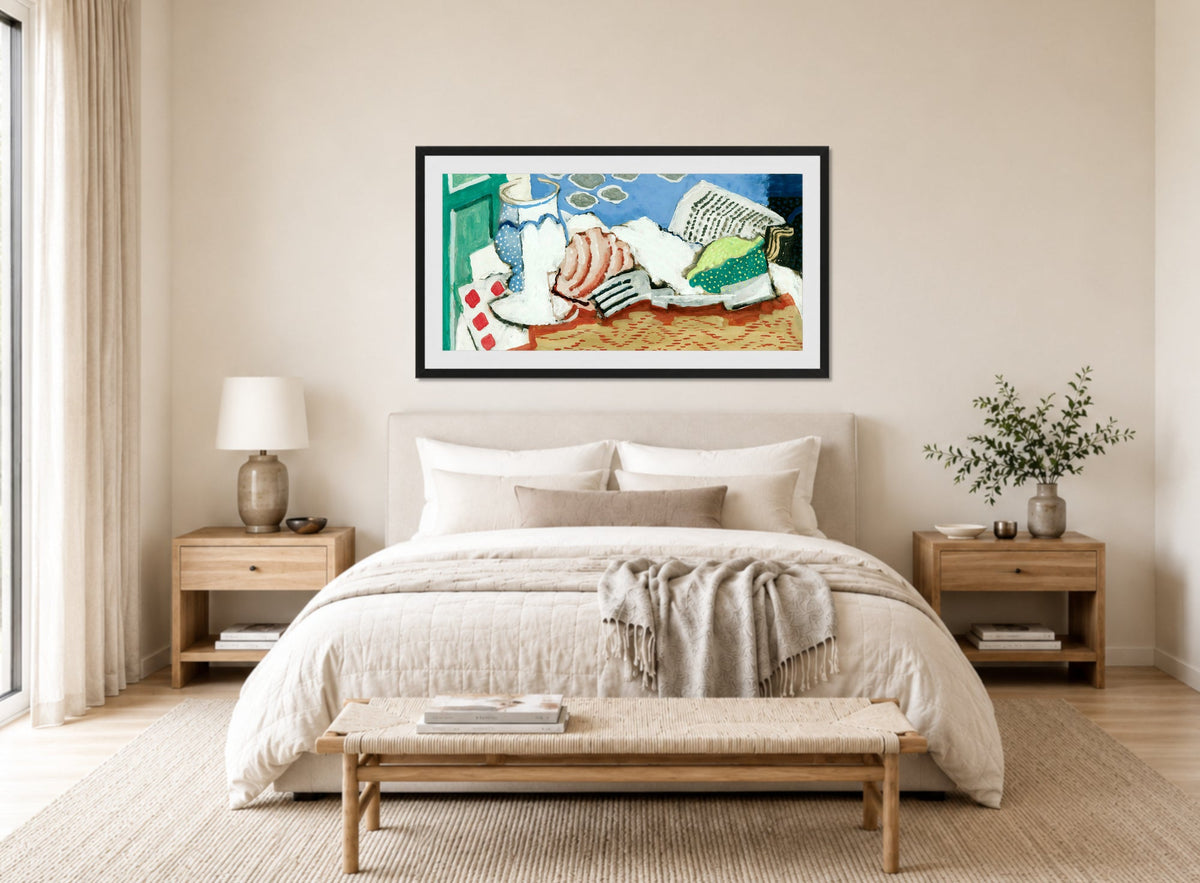 Louis Marcoussis Print, Nature Morte Au Journal (circa 1925) displayed above a bed