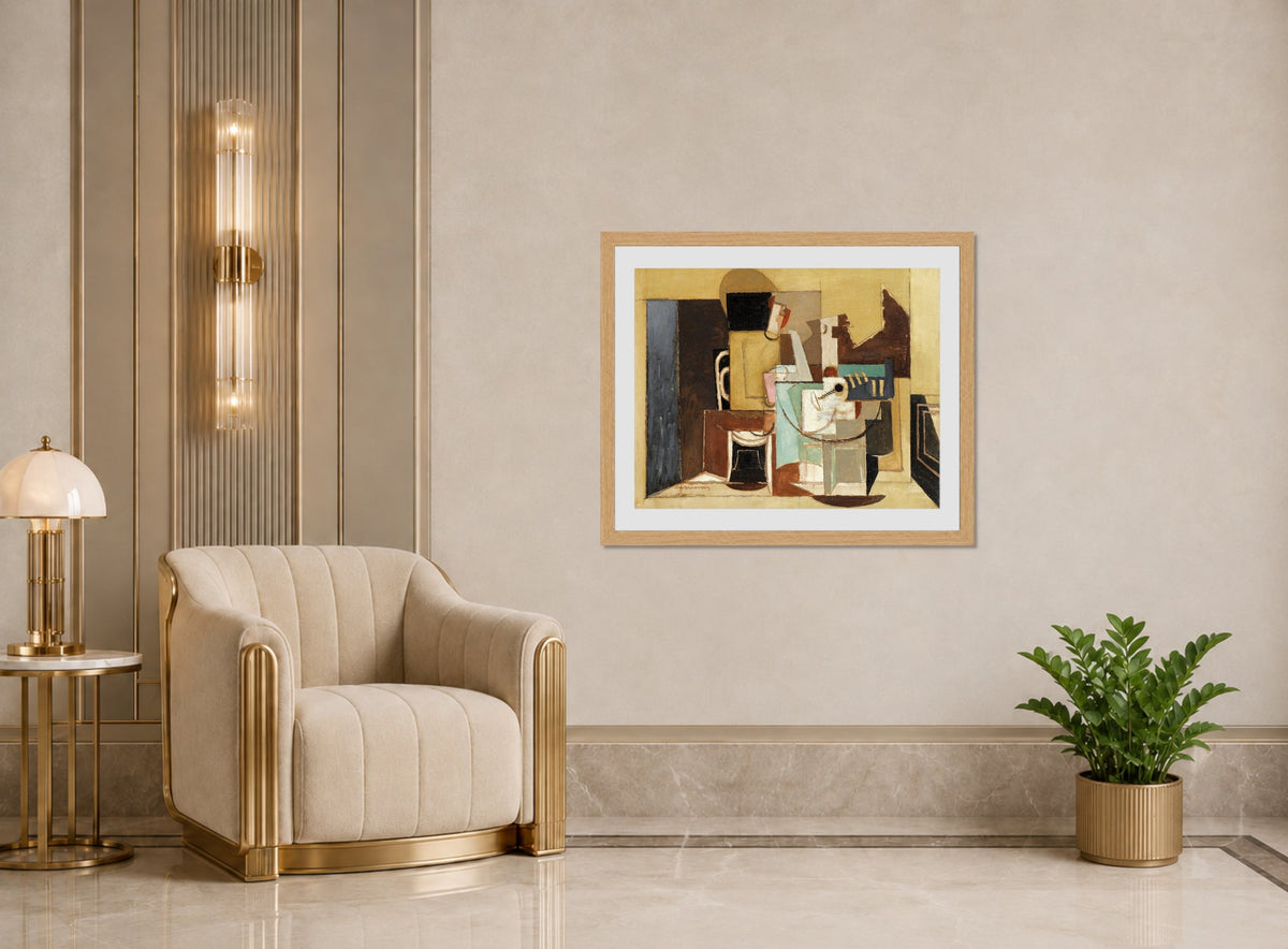Louis Marcoussis Print, Personnage Assis À Une Table Ronde displayed in an Art Deco interior