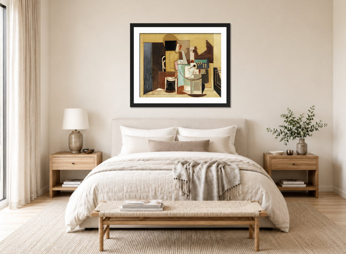 Louis Marcoussis Print, Personnage Assis À Une Table Ronde displayed above a bed