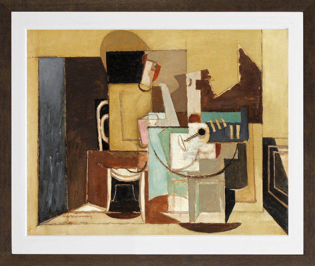 Louis Marcoussis Print, Personnage Assis À Une Table Ronde in a brown frame