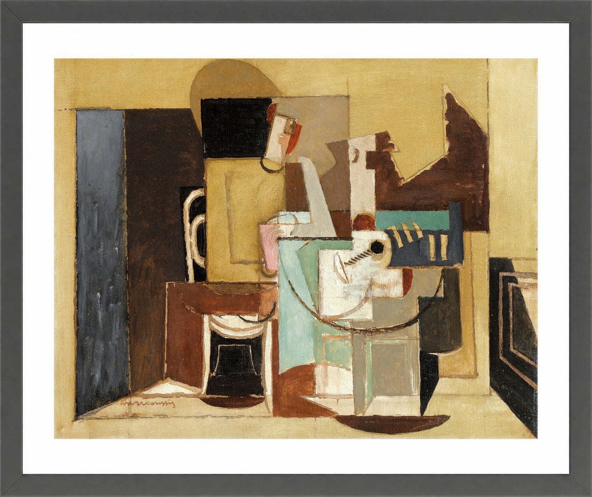 Louis Marcoussis Print, Personnage Assis À Une Table Ronde in a dark grey frame