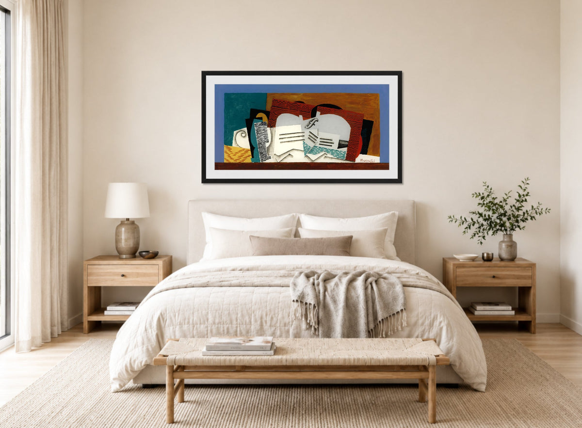 Louis Marcoussis Print, Verre Et Violon displayed above a bed