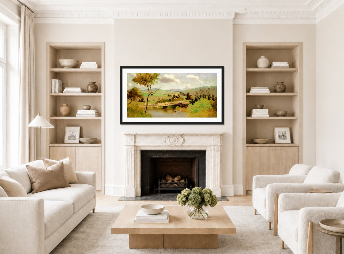 Louis Michel Eilshemius Print, Adirondacks: Bridge for Fishing — living room roomset