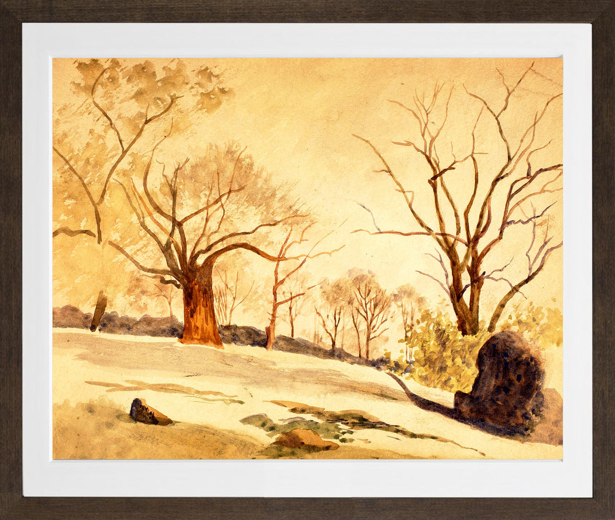 Louis Michel Eilshemius Print, Autumn Landscape — Bare Trees and Snow — brown frame