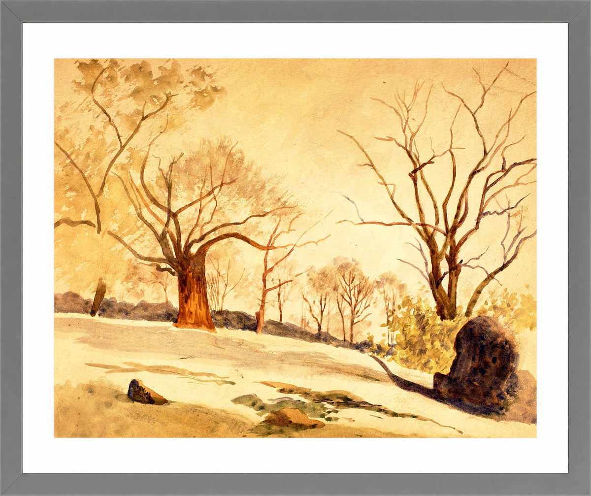 Louis Michel Eilshemius Print, Autumn Landscape — Bare Trees and Snow — light grey frame