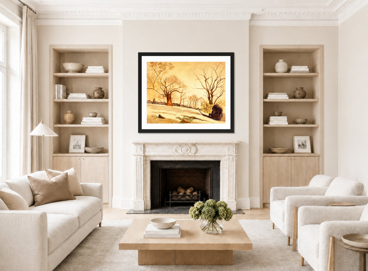 Louis Michel Eilshemius Print, Autumn Landscape — Bare Trees and Snow — living room roomset