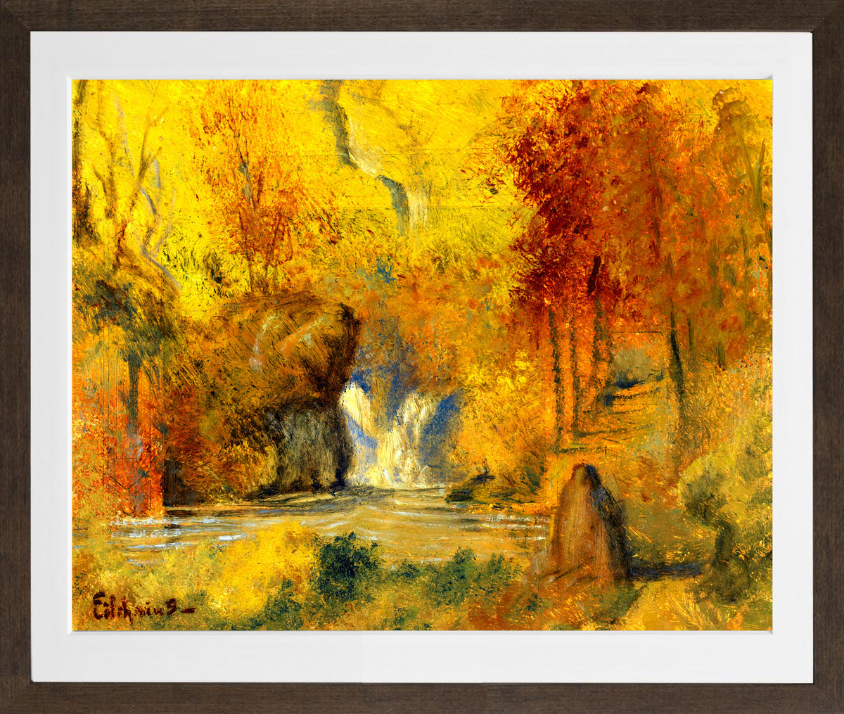 Louis Michel Eilshemius Print, Autumn Landscape — Woodland Waterfall — brown frame