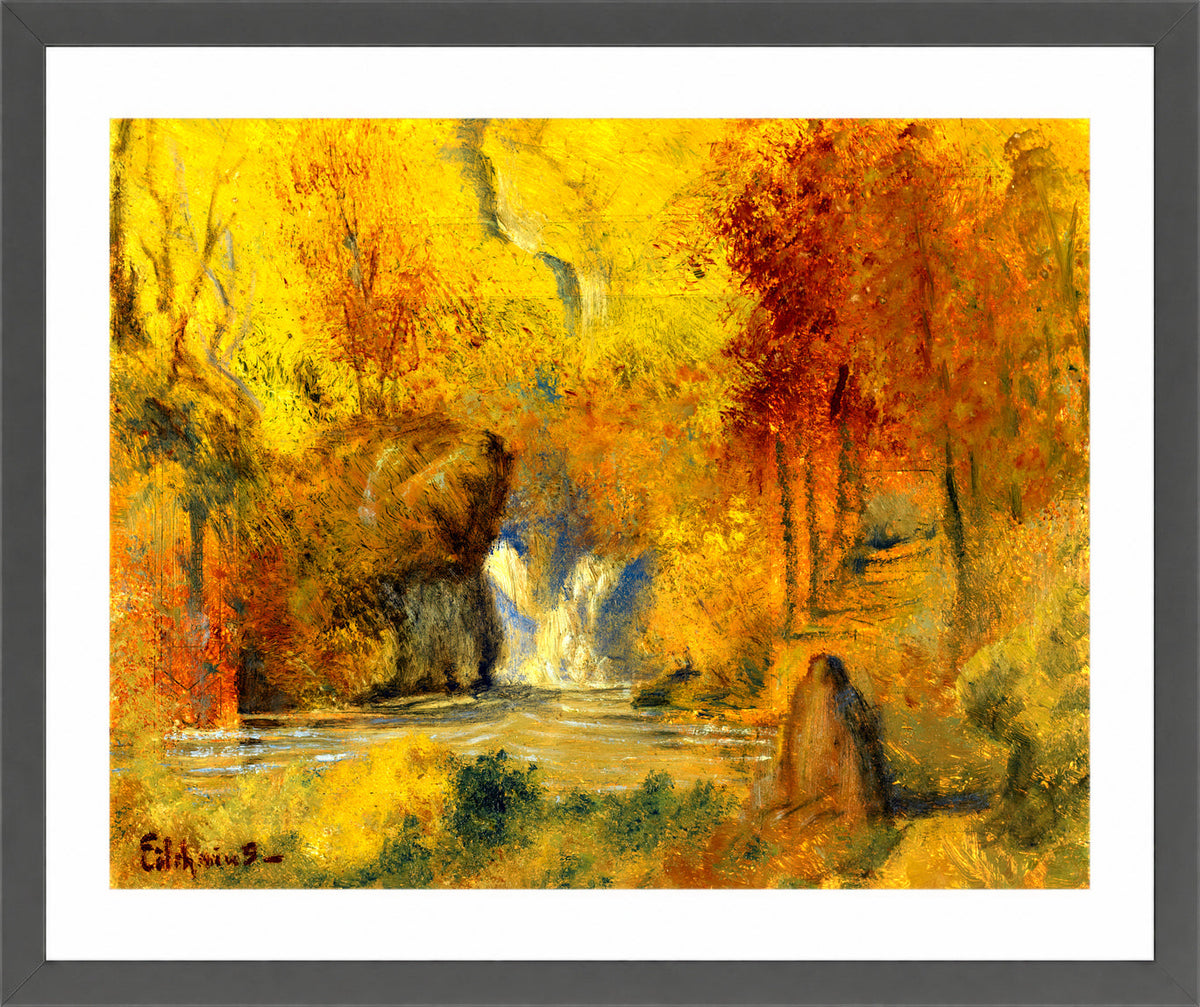 Louis Michel Eilshemius Print, Autumn Landscape — Woodland Waterfall — dark grey frame