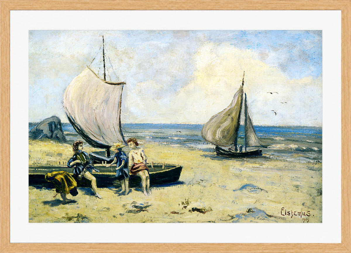 Louis Michel Eilshemius Print, Children on the Beach — oak frame