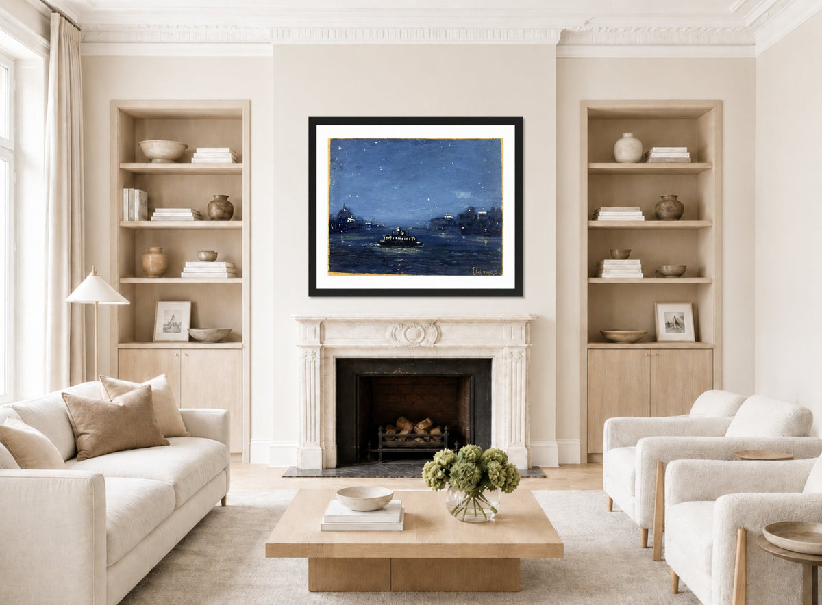 Louis Michel Eilshemius Print, Ferryboat at Night — living room roomset