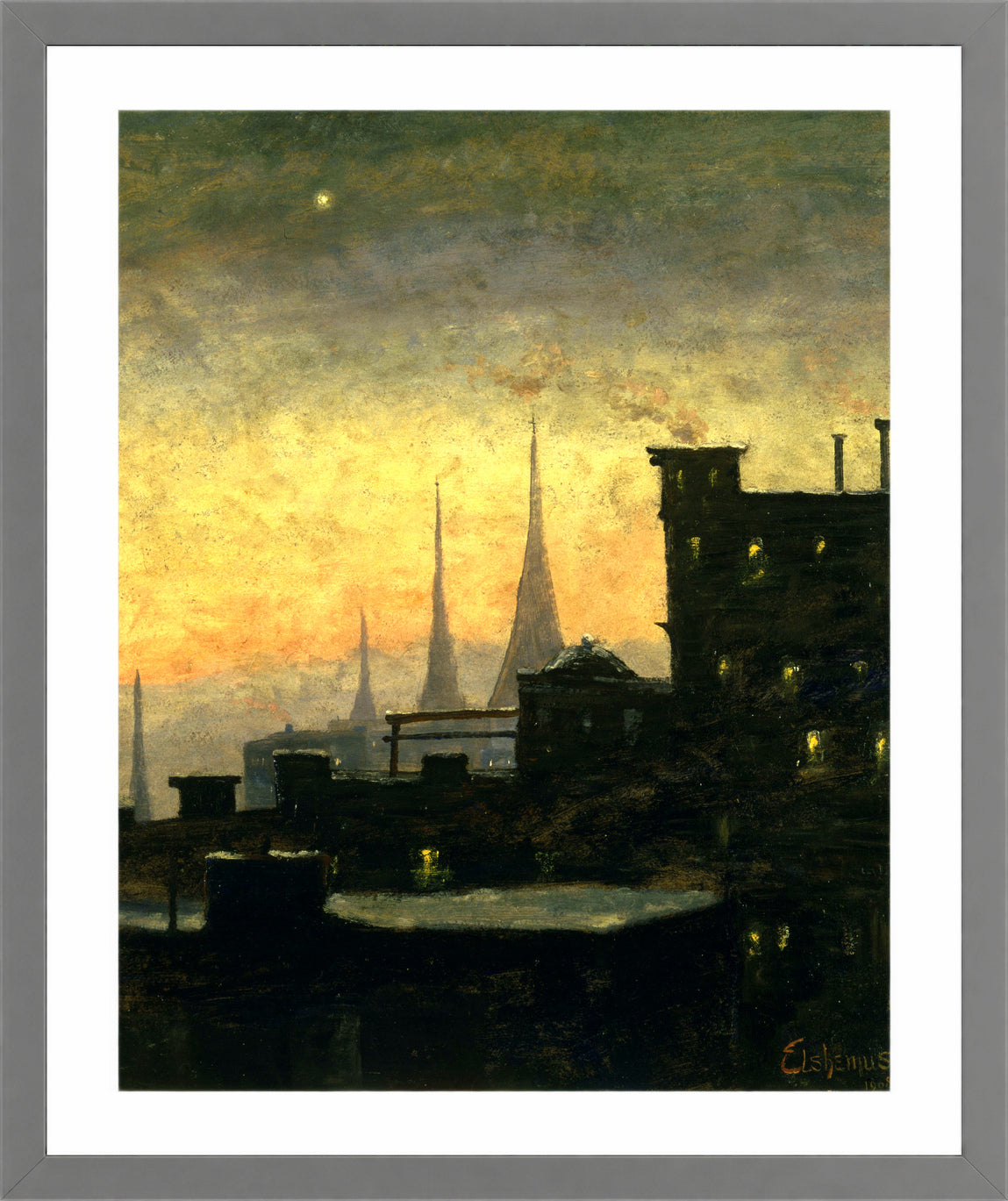 Louis Michel Eilshemius Print, New York Roof Tops — light grey frame