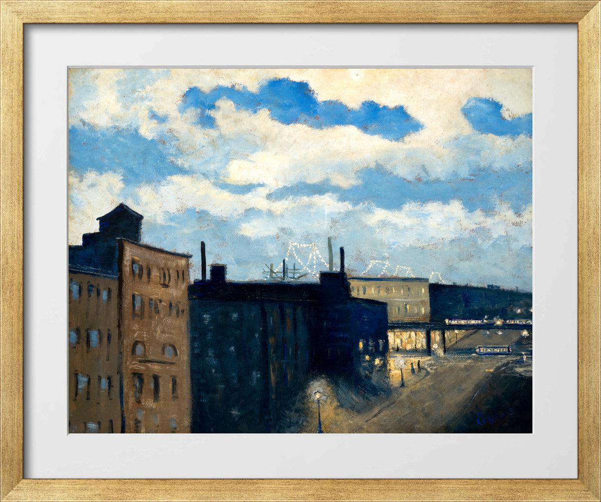 Louis Michel Eilshemius Print, New York Street at Dusk (1908) — gold frame