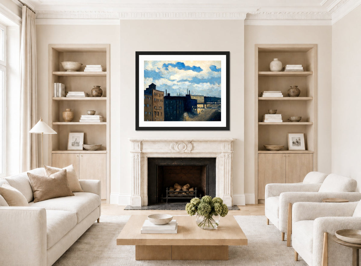 Louis Michel Eilshemius Print, New York Street at Dusk (1908) — living room roomset