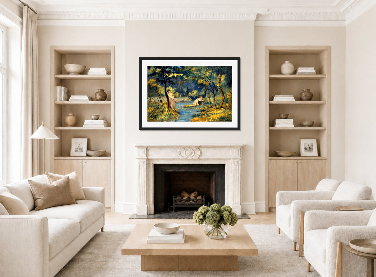 Louis Michel Eilshemius Print, Standing and Reclining Nymphs (1908) — living room roomset