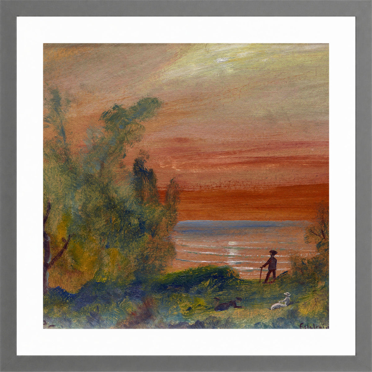 Louis Michel Eilshemius Print, Sunset with Man Standing on Shore (1920) — light grey frame