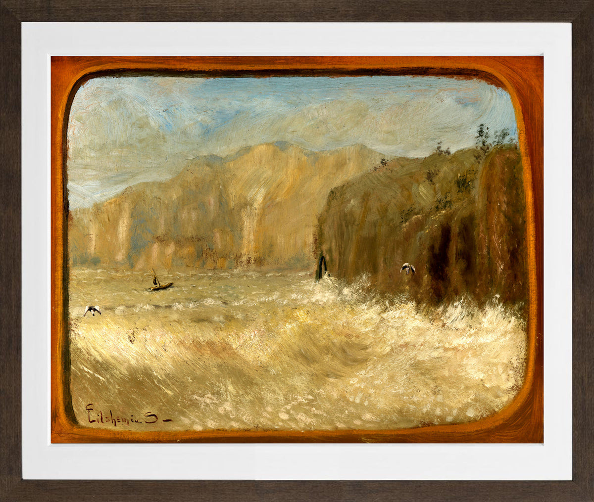 Louis Michel Eilshemius Print, Two Gulls and Cliffs — brown frame