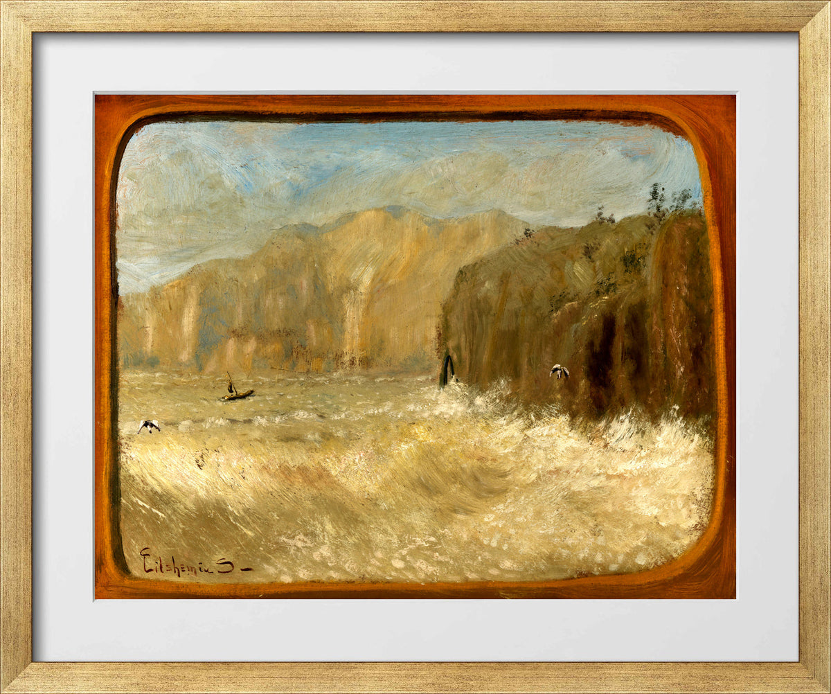 Louis Michel Eilshemius Print, Two Gulls and Cliffs — gold frame