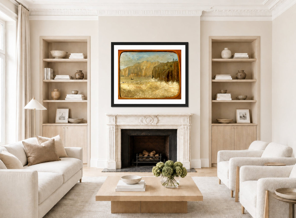 Louis Michel Eilshemius Print, Two Gulls and Cliffs — living room roomset
