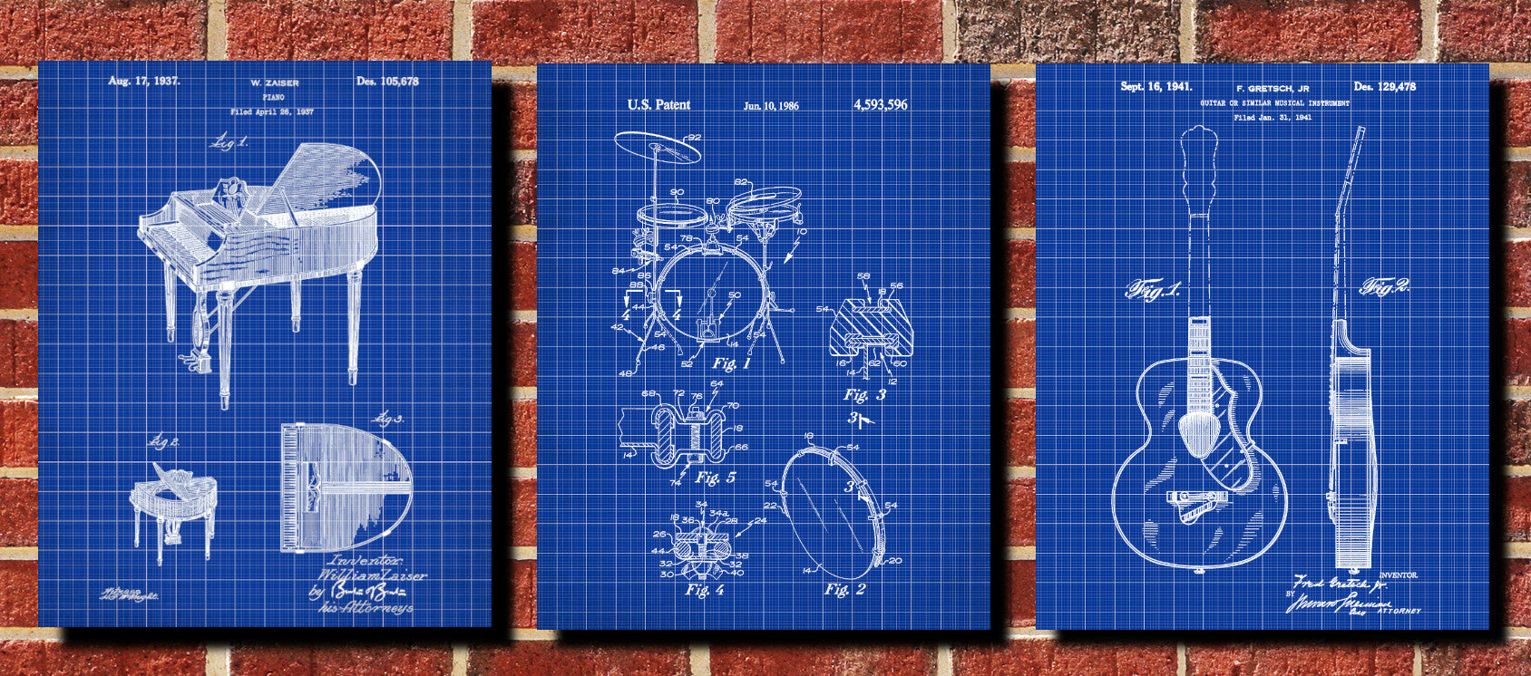 Music Posters, Guitar, Drums, Piano Patent Prints Set 3L