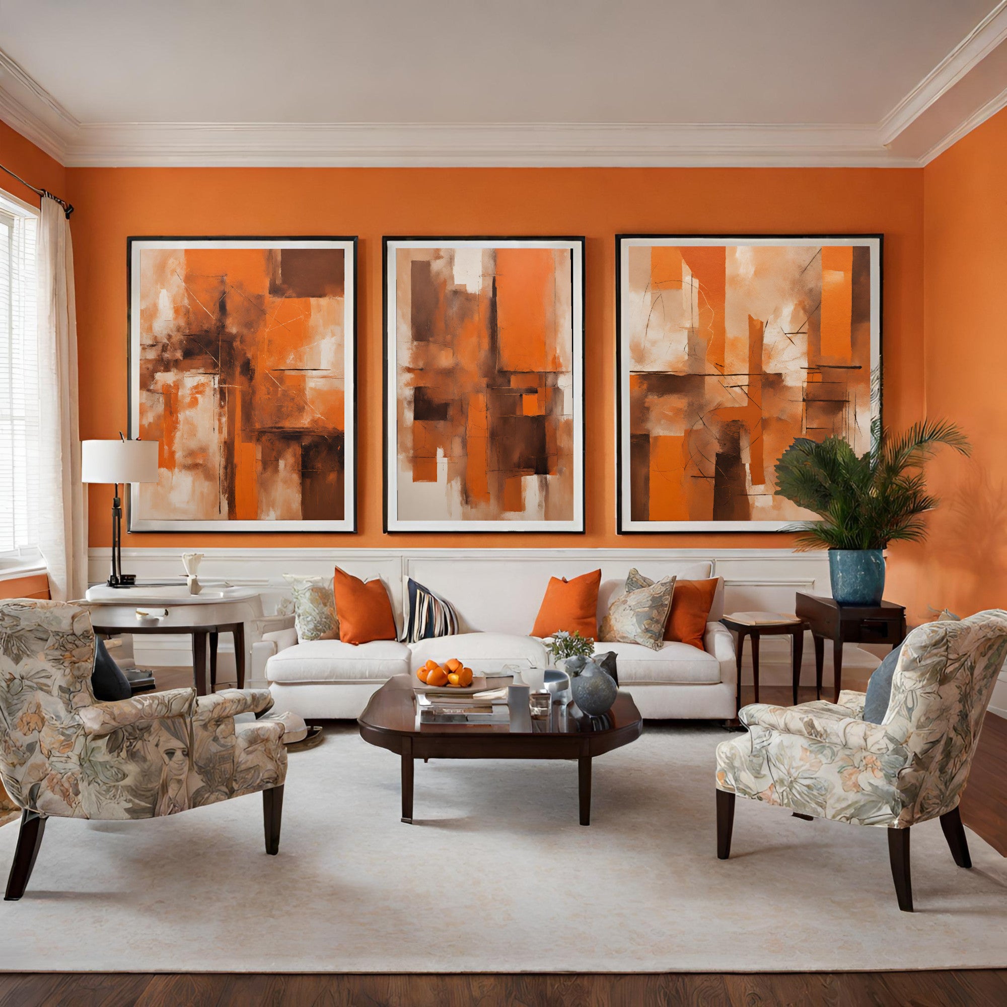 Extra Large Abstract Wall Art Prints, Set of 3 in Orange
