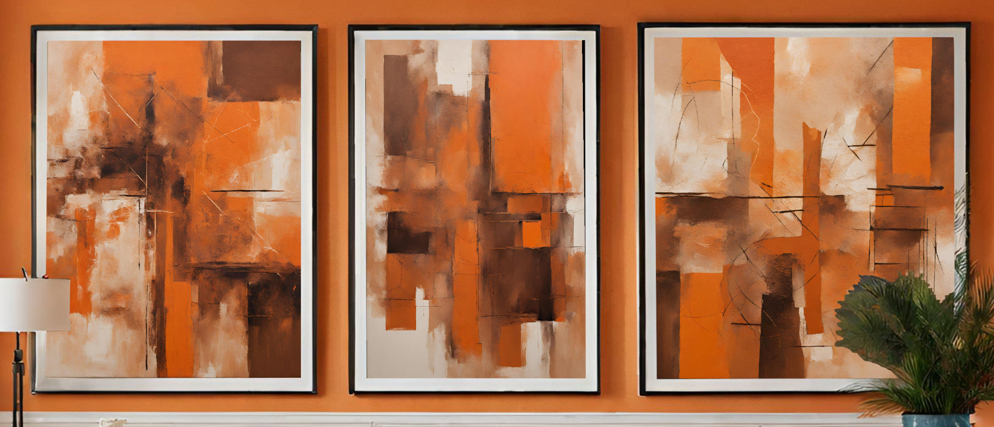 Extra Large Abstract Wall Art Prints, Set of 3 in Orange