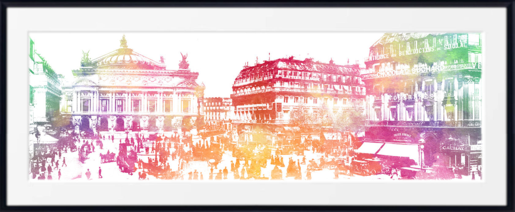 A framed panoramic art print depicting a vibrant, stylized city square with classical architecture and a crowd of people, rendered in a colorful gradient overlay.