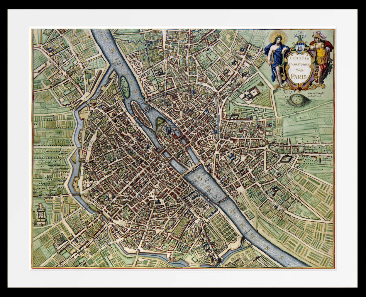 A framed vintage map print of Amsterdam, Netherlands, featuring detailed street layouts, canals, and a decorative cartouche in the upper right corner, presented with a white mat and black frame.