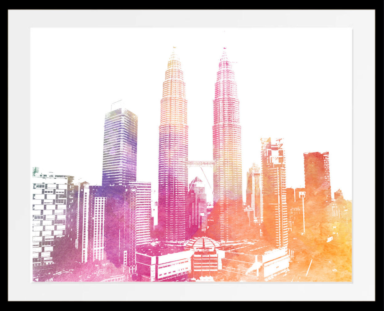 Framed watercolor-style cityscape print featuring the Petronas Towers and surrounding skyscrapers in Kuala Lumpur, rendered with pink, orange, and yellow tones on a white background.