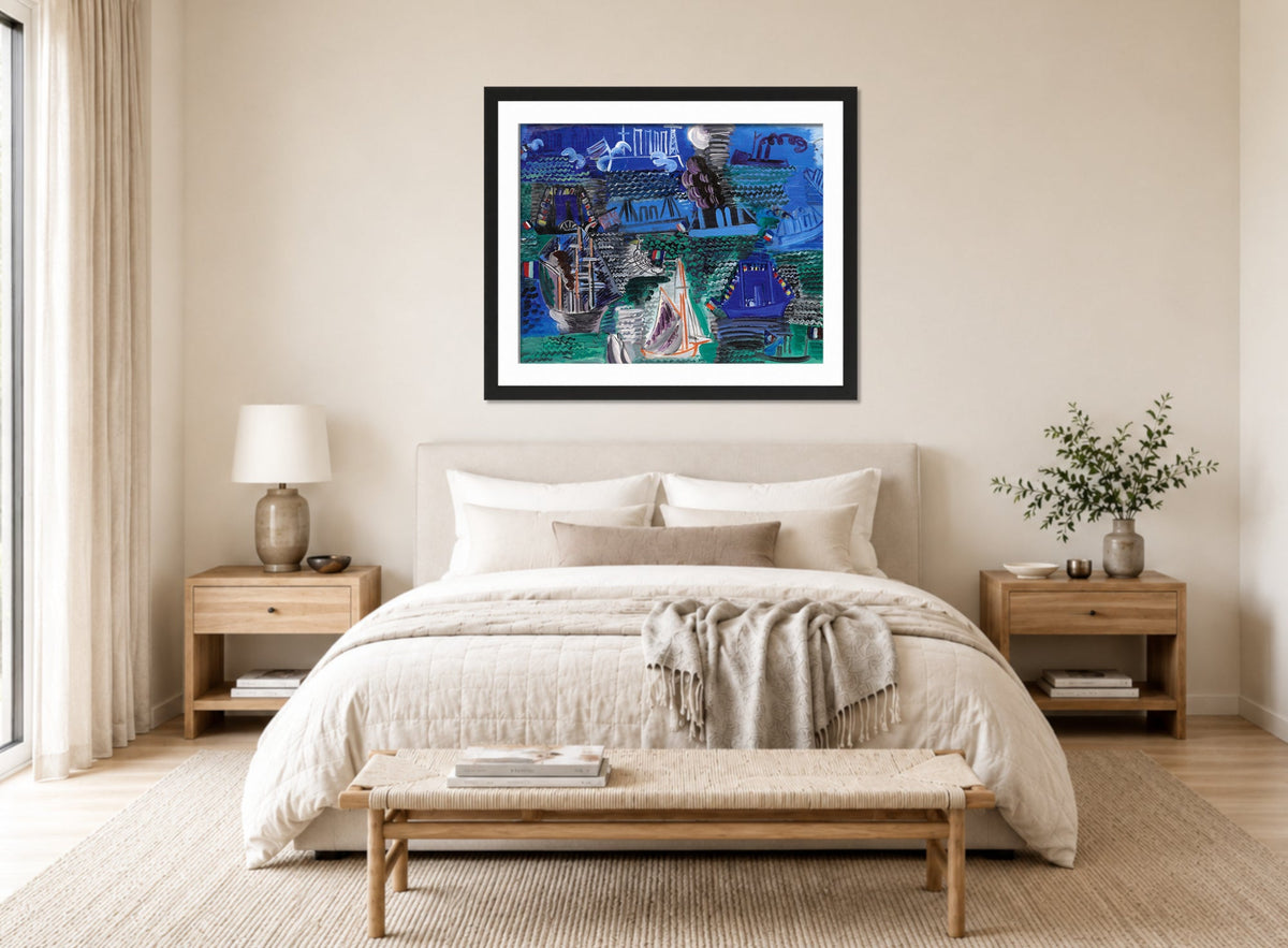 Raoul Dufy Print, 013 Boats (circa 1930)_10x8 displayed above a bed