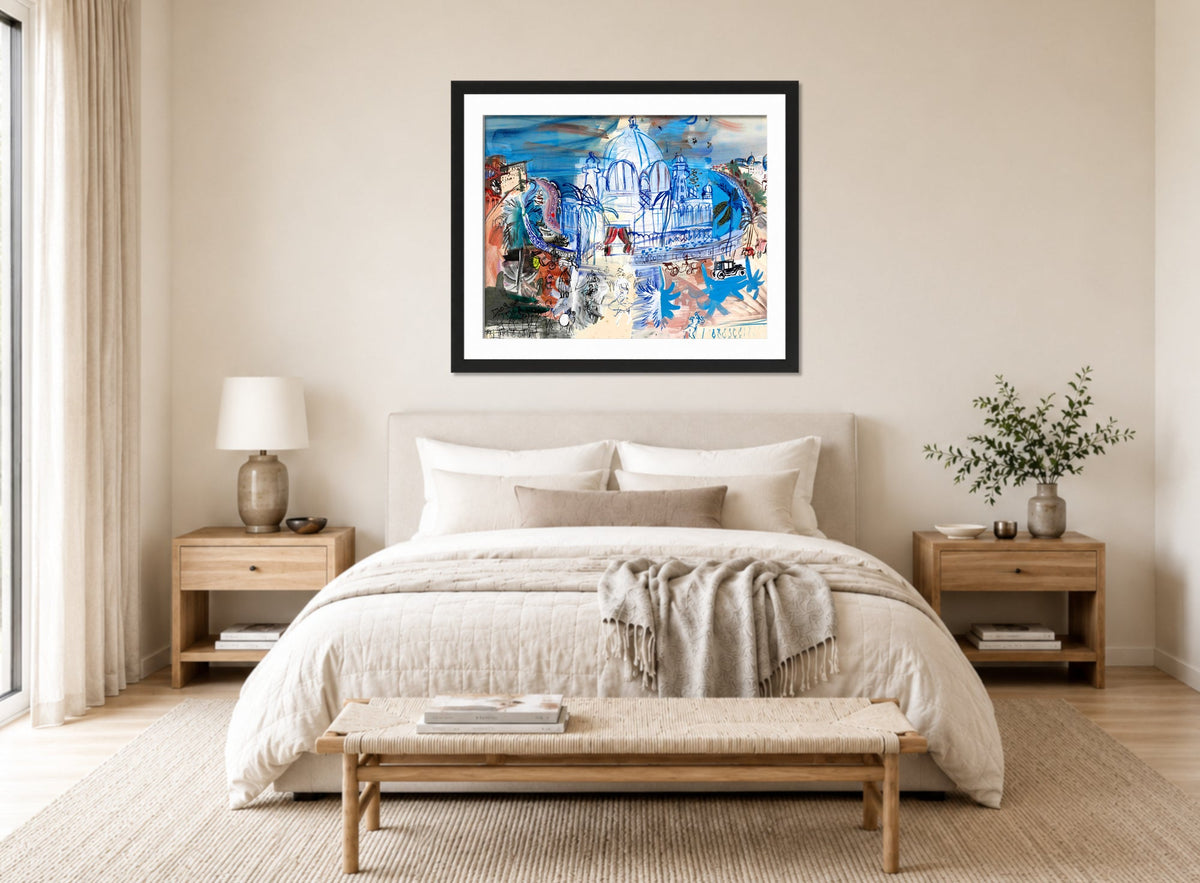Raoul Dufy Print, 016 Carnaval à Nice (1938)_10x8 displayed above a bed