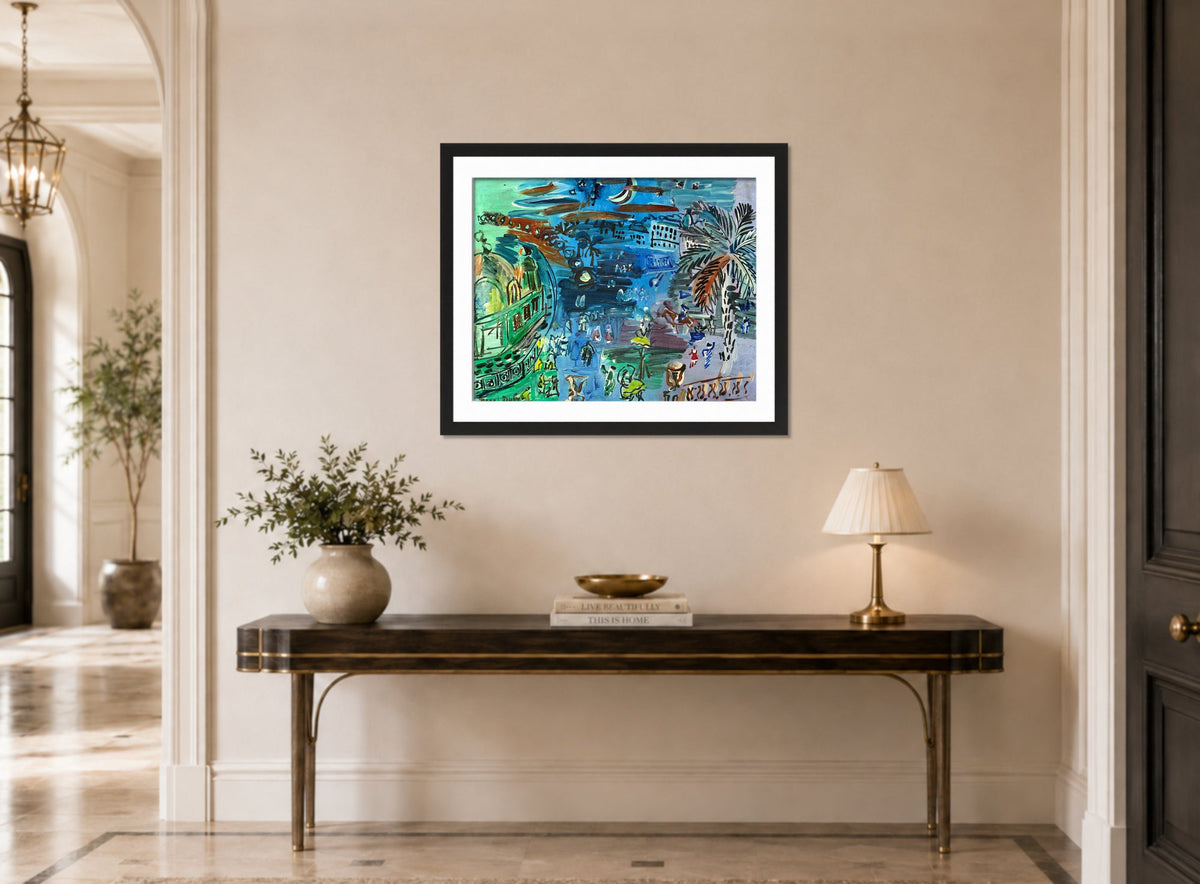 Raoul Dufy Print, 038 L’ancien casino de Nice de nuit_10x8 displayed above a console table