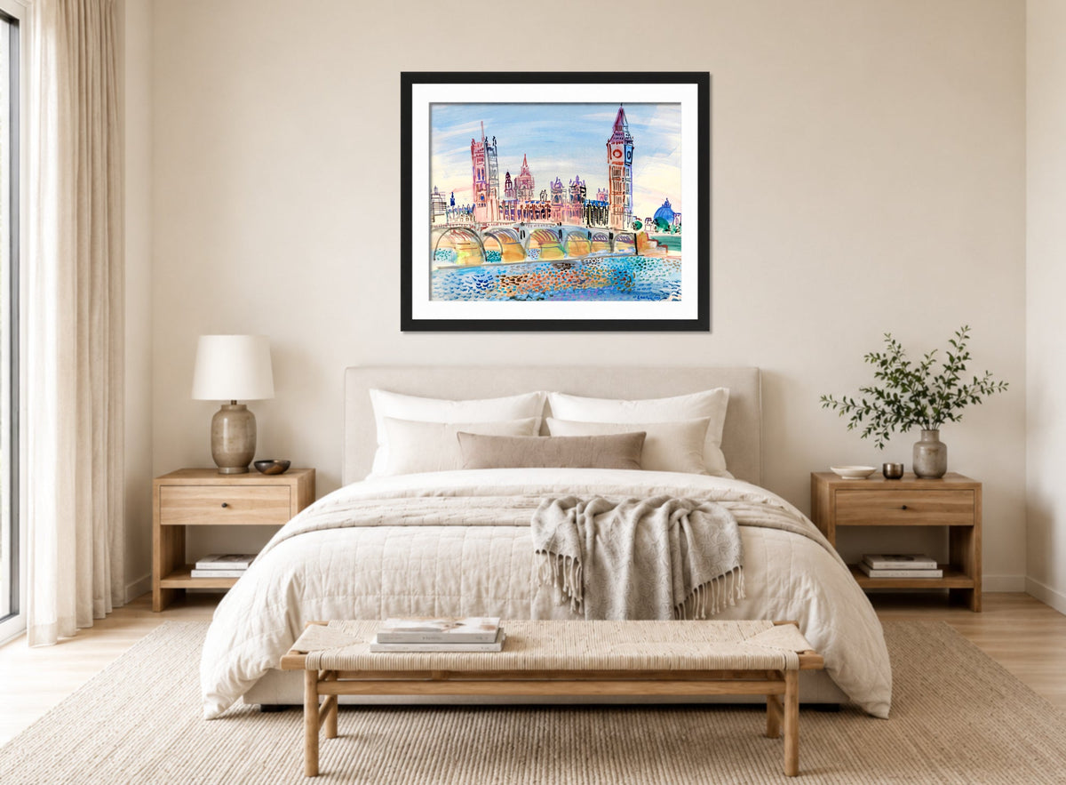 Raoul Dufy Print, 070 London Houses of Parliament (1930)_10x8 displayed above a bed