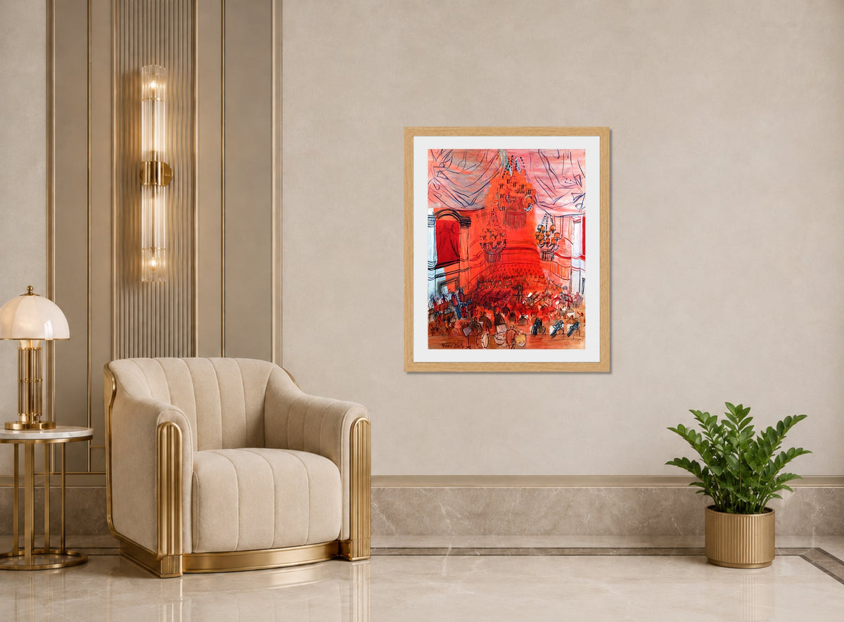 Raoul Dufy Print, 081 orchestra rossa_10x8 displayed in an Art Deco interior