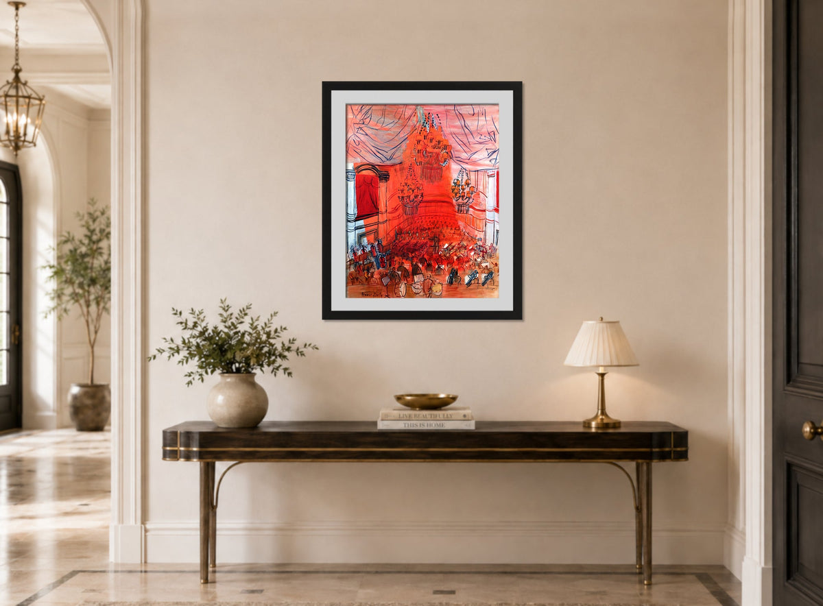 Raoul Dufy Print, 081 orchestra rossa_10x8 displayed above a console table