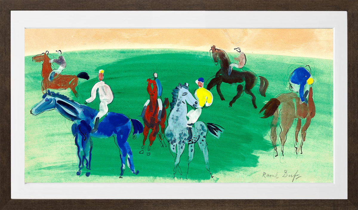Raoul Dufy Print, 102 Six cavaliers et jockeys_16x8 in a brown frame