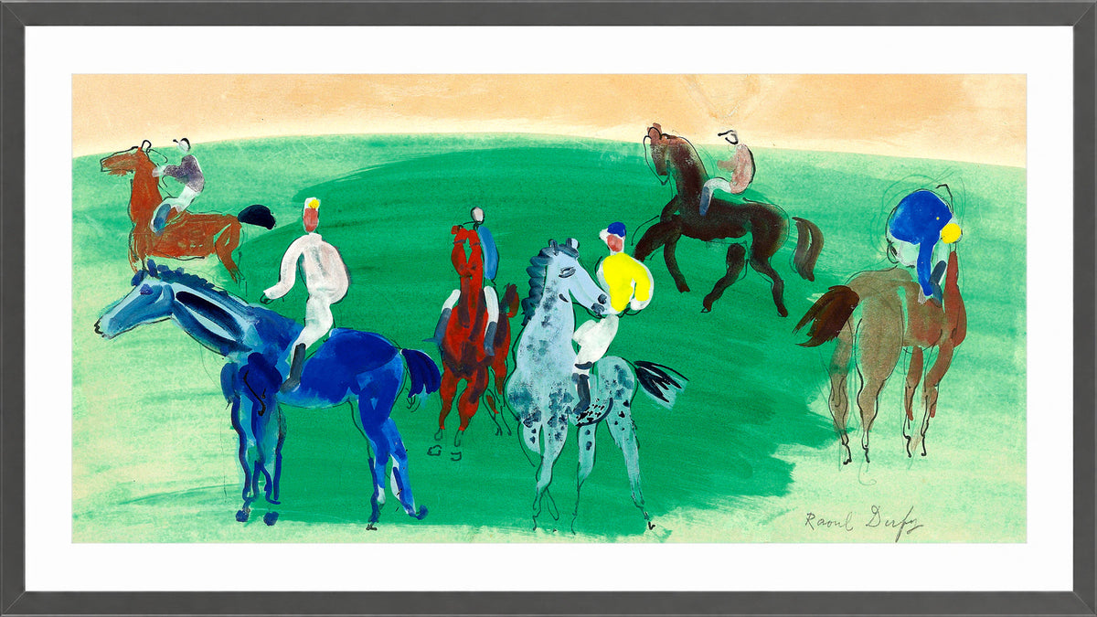 Raoul Dufy Print, 102 Six cavaliers et jockeys_16x8 in a dark grey frame
