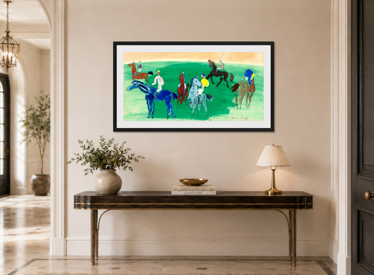 Raoul Dufy Print, 102 Six cavaliers et jockeys_16x8 displayed above a console table