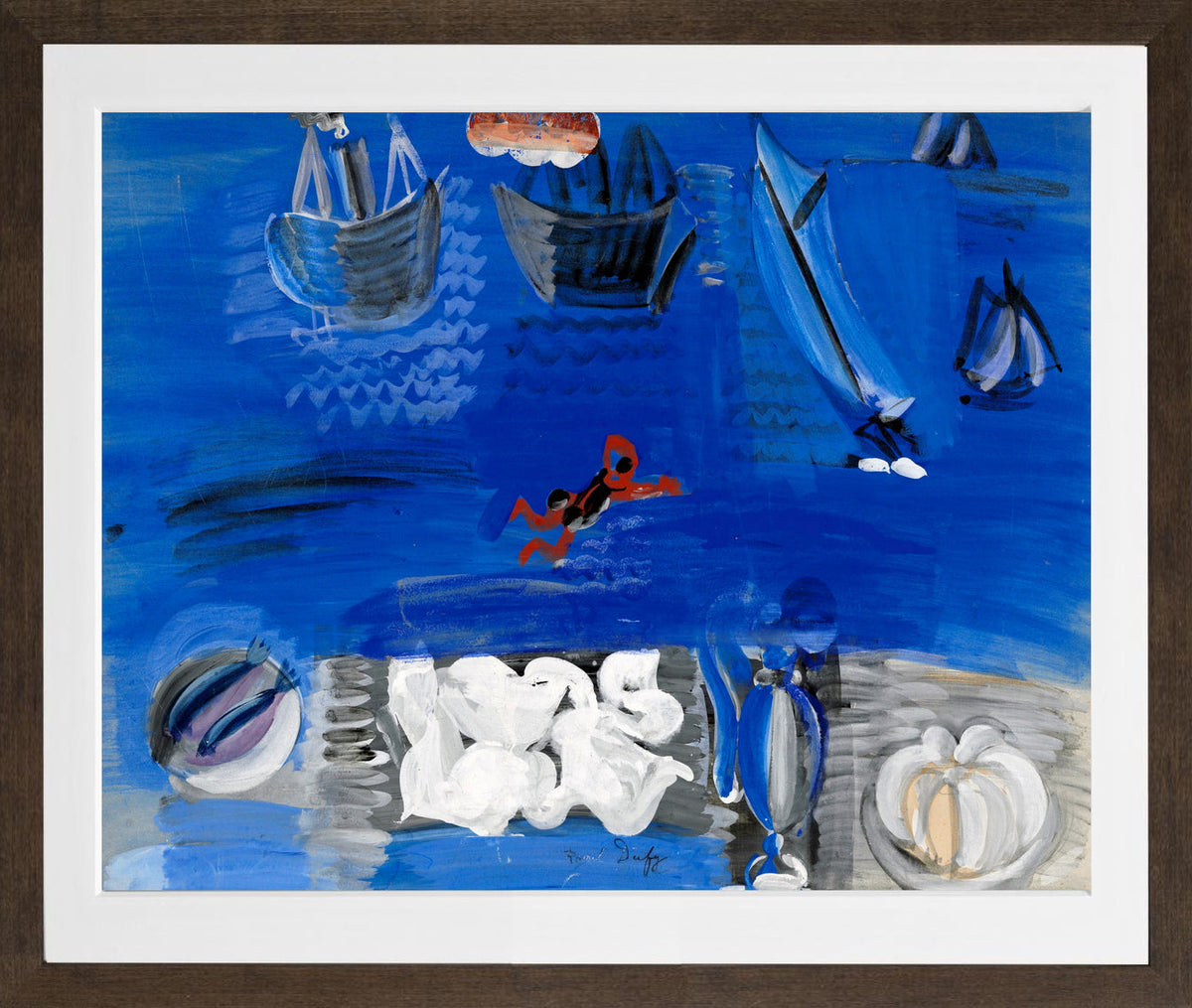 Raoul Dufy Print, 104 Still life and boats (circa 1923)_10x8 in a brown frame