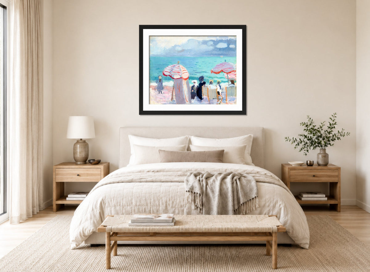 Raoul Dufy Print, 117 The Parasols (1905)_10x8 displayed above a bed