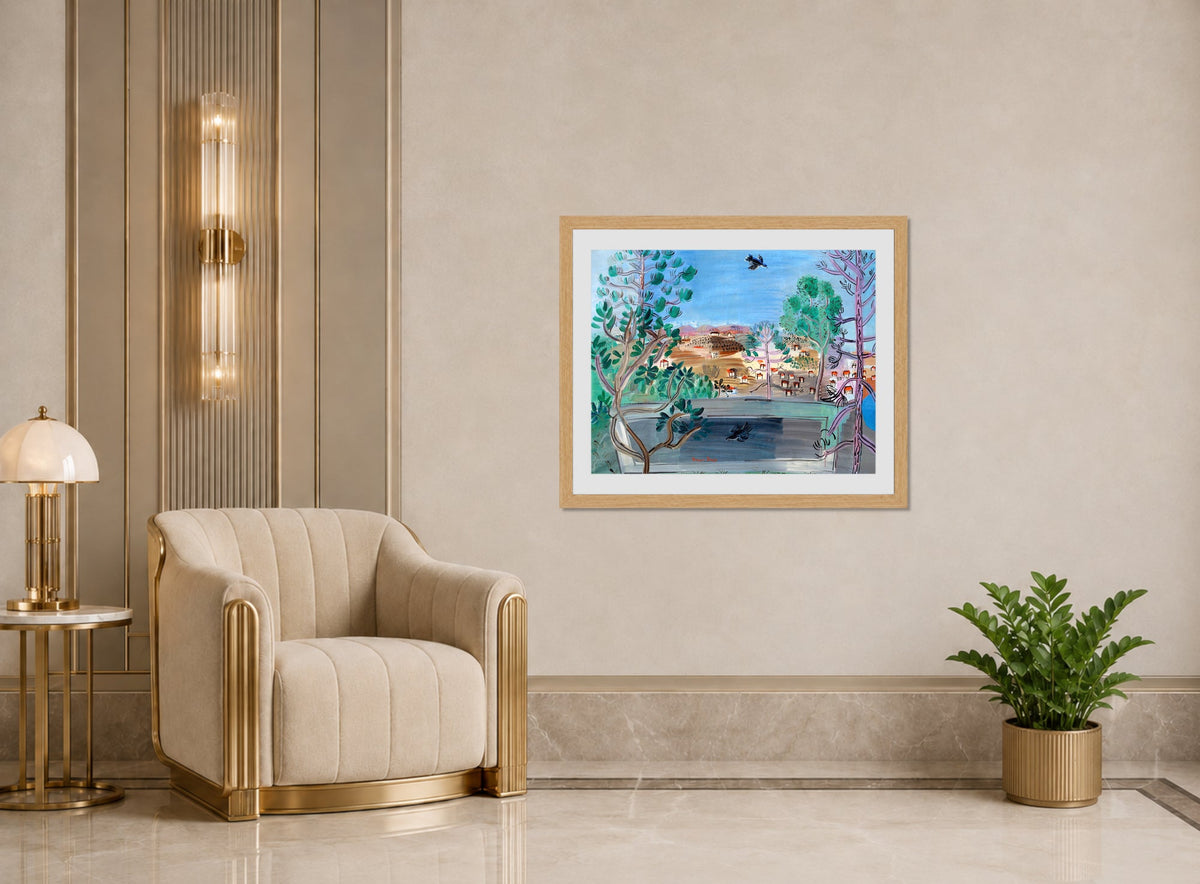 Raoul Dufy Print, 122 The reservoir at Golfe-Juan, with the bird (1927)_10x8 displayed in an Art Deco interior