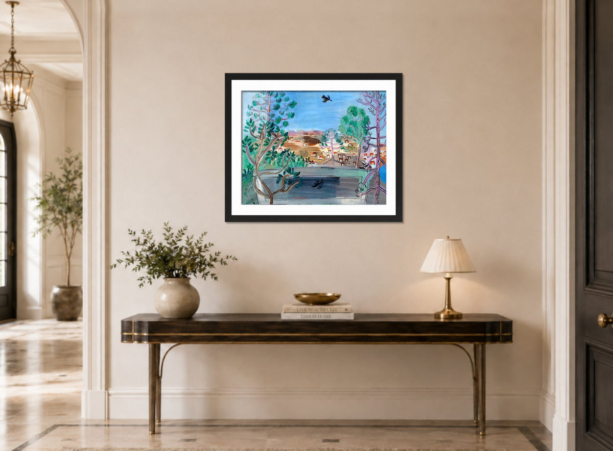 Raoul Dufy Print, 122 The reservoir at Golfe-Juan, with the bird (1927)_10x8 displayed above a console table