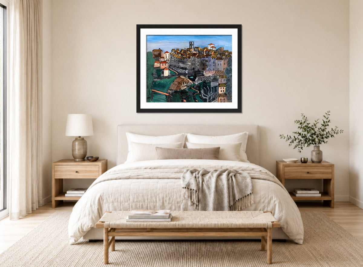 Raoul Dufy Print, 130 Vence_10x8 displayed above a bed