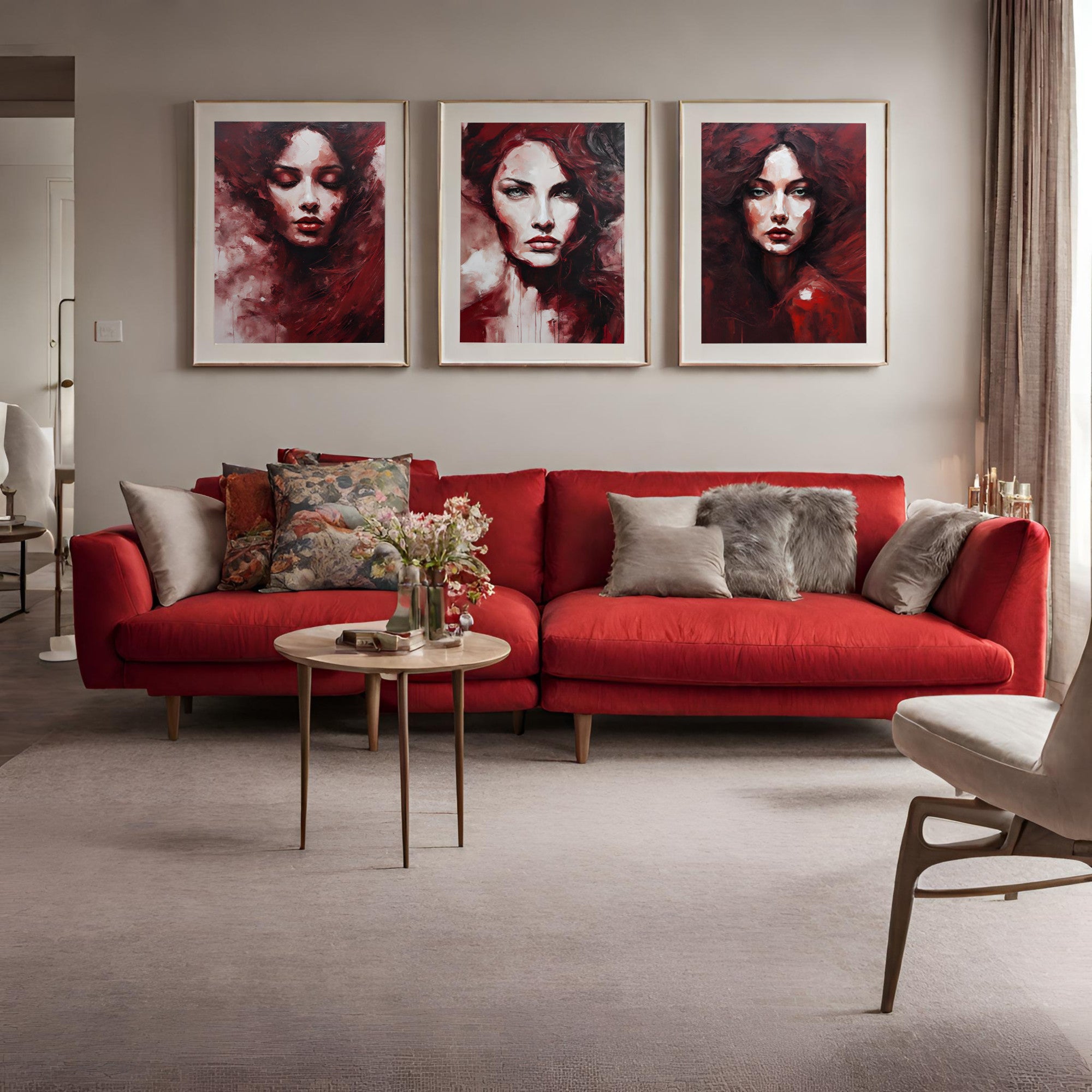 The Lady in Red, Set of 3 Extra Large Abstract Wall Art Prints