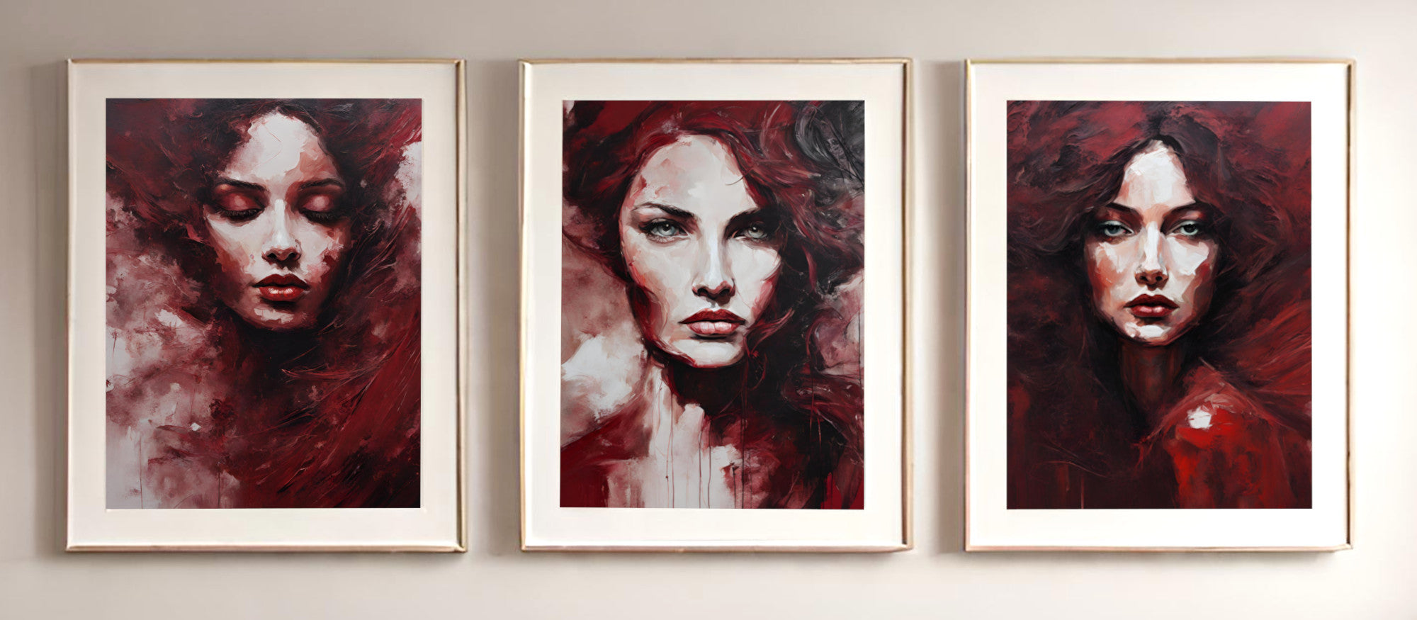The Lady in Red, Set of 3 Extra Large Abstract Wall Art Prints
