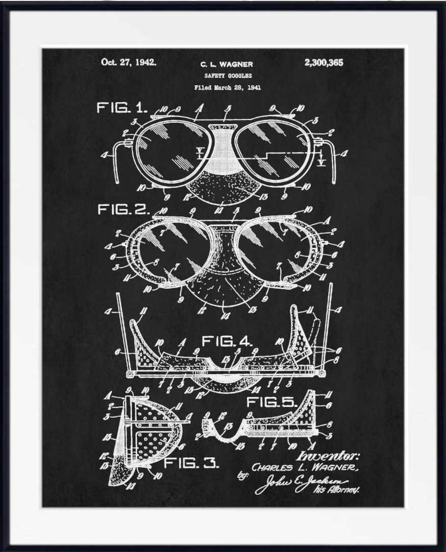 A framed black-and-white patent art print of safety goggles