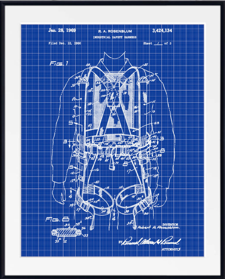 A framed blueprint art print of an industrial safety harness patent from 1968, featuring white technical line drawings and text on a blue grid background, enclosed in a white mat and black frame.