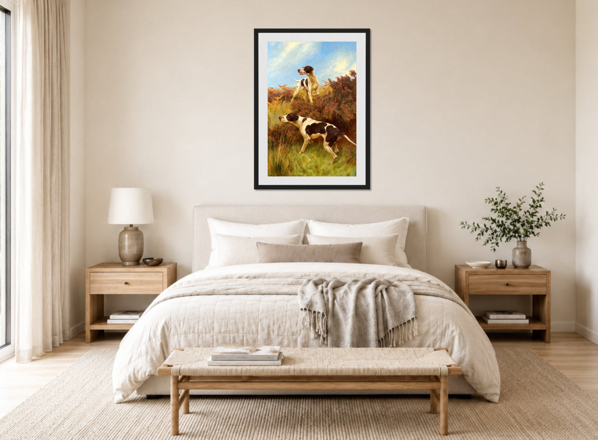 Thomas Blinks Print, A Good Point displayed above a bed
