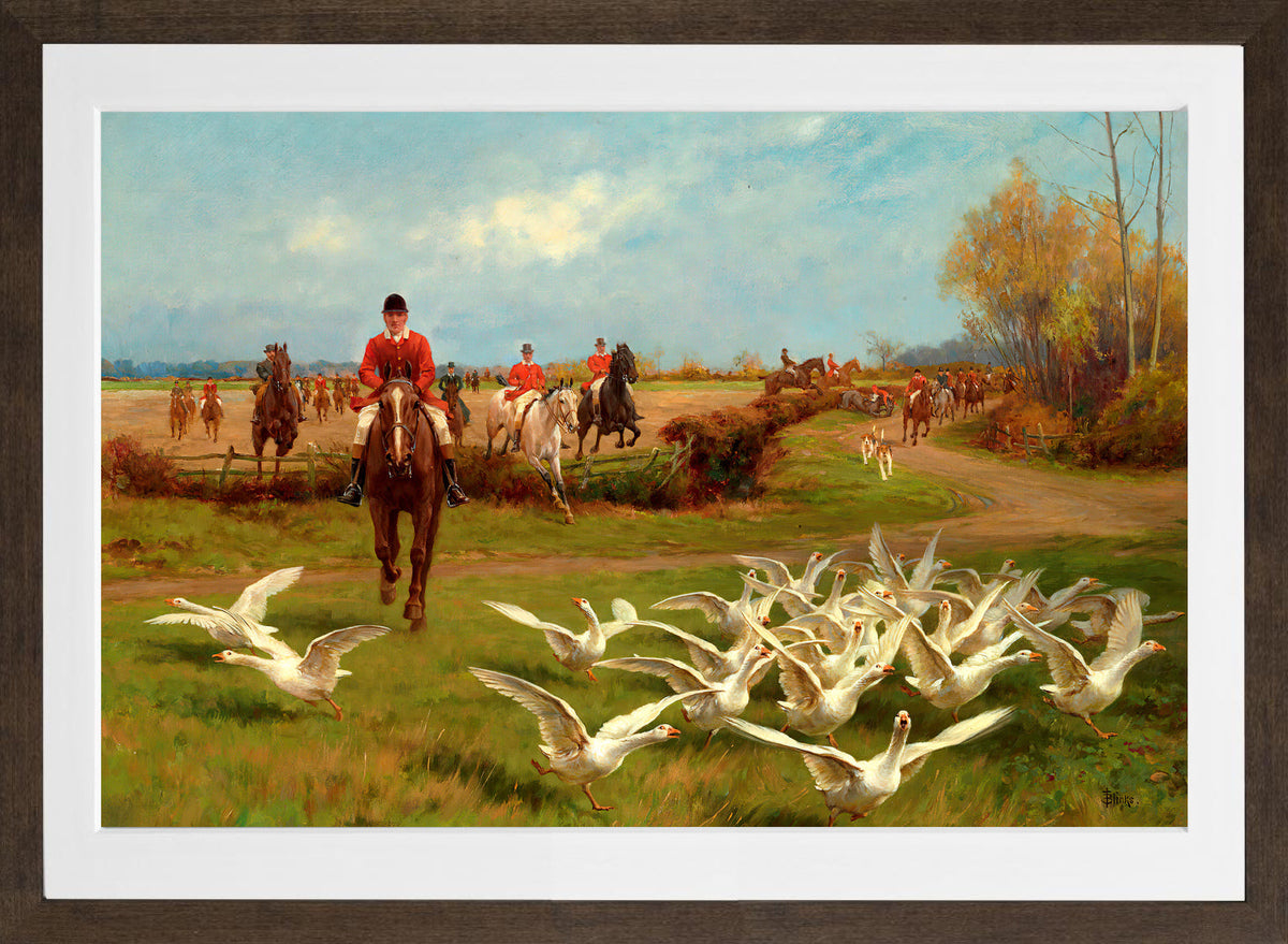 Thomas Blinks Print, ‘Away! Away!’ in a brown frame